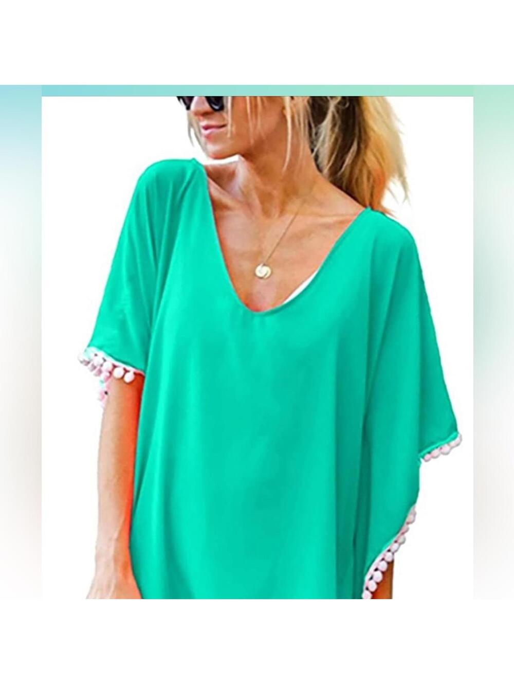 Chiffon Pom Pom Swim Cover Up— Teal